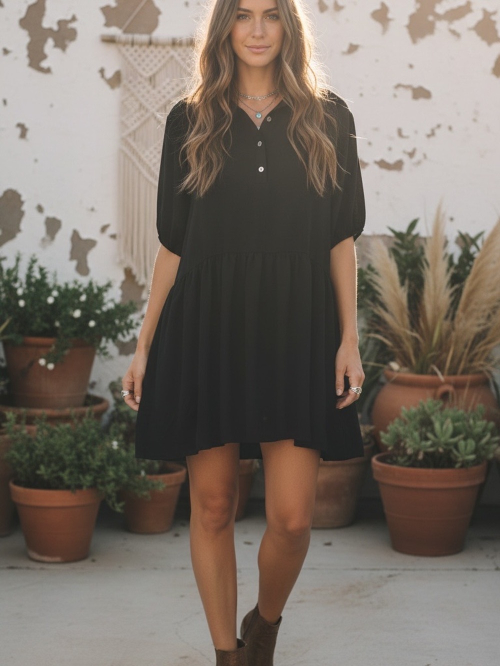 Beeson River Black Short Puff-Sleeve Swing Bubble Hem Dress